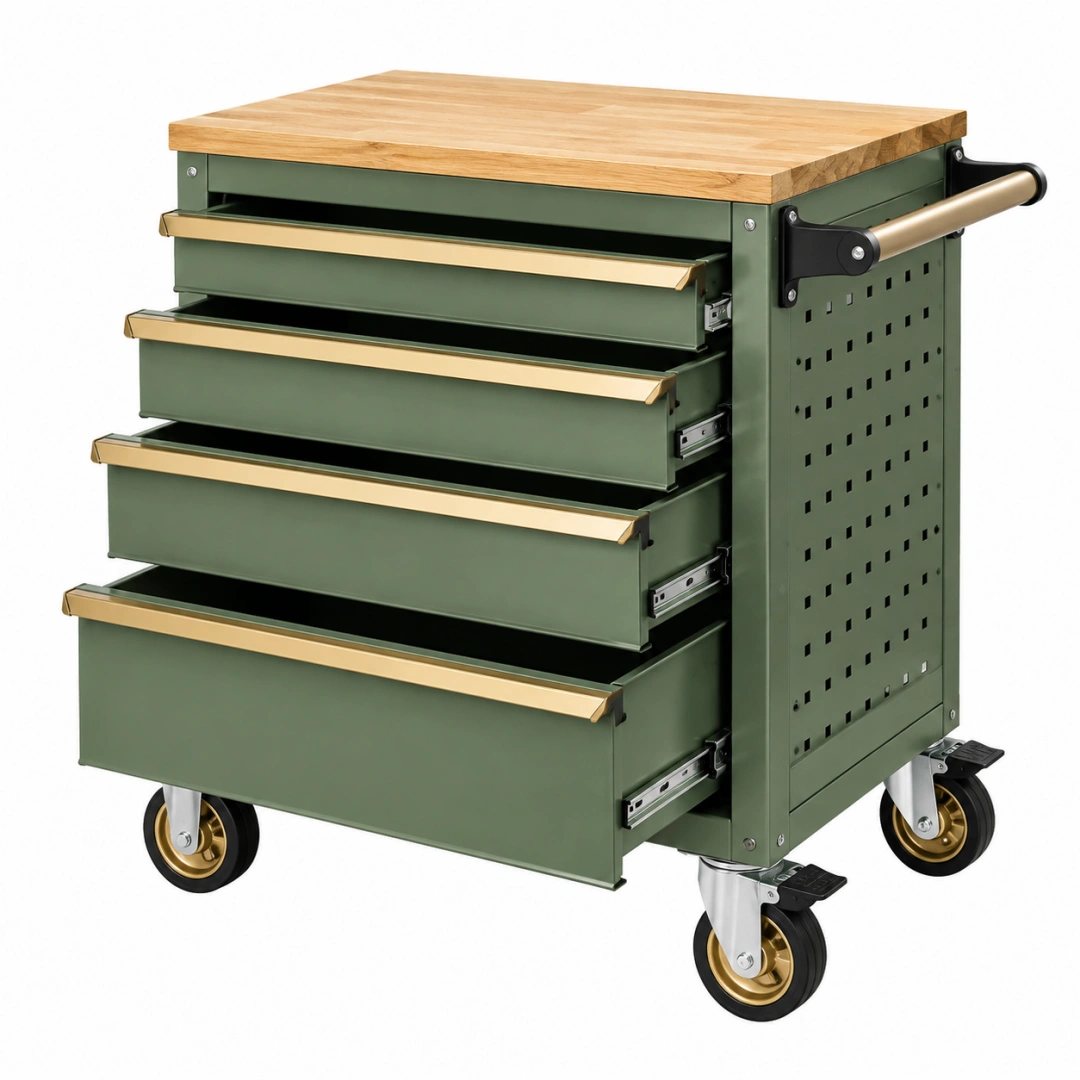 Carro de herramientas 86 x 46 x 98 cm de acero verde con encimera de madera y 5 cajones