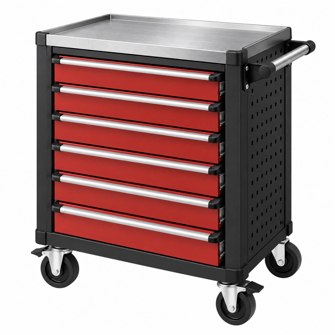 Carro de herramientas 77 x 46 x 97 cm de acero rojo y negro con 7 cajones y ruedas