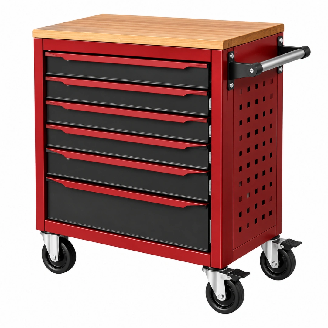 Carro de herramientas 77 x 46 x 96 cm de acero rojo y negro con 7 cajones y encimera de madera