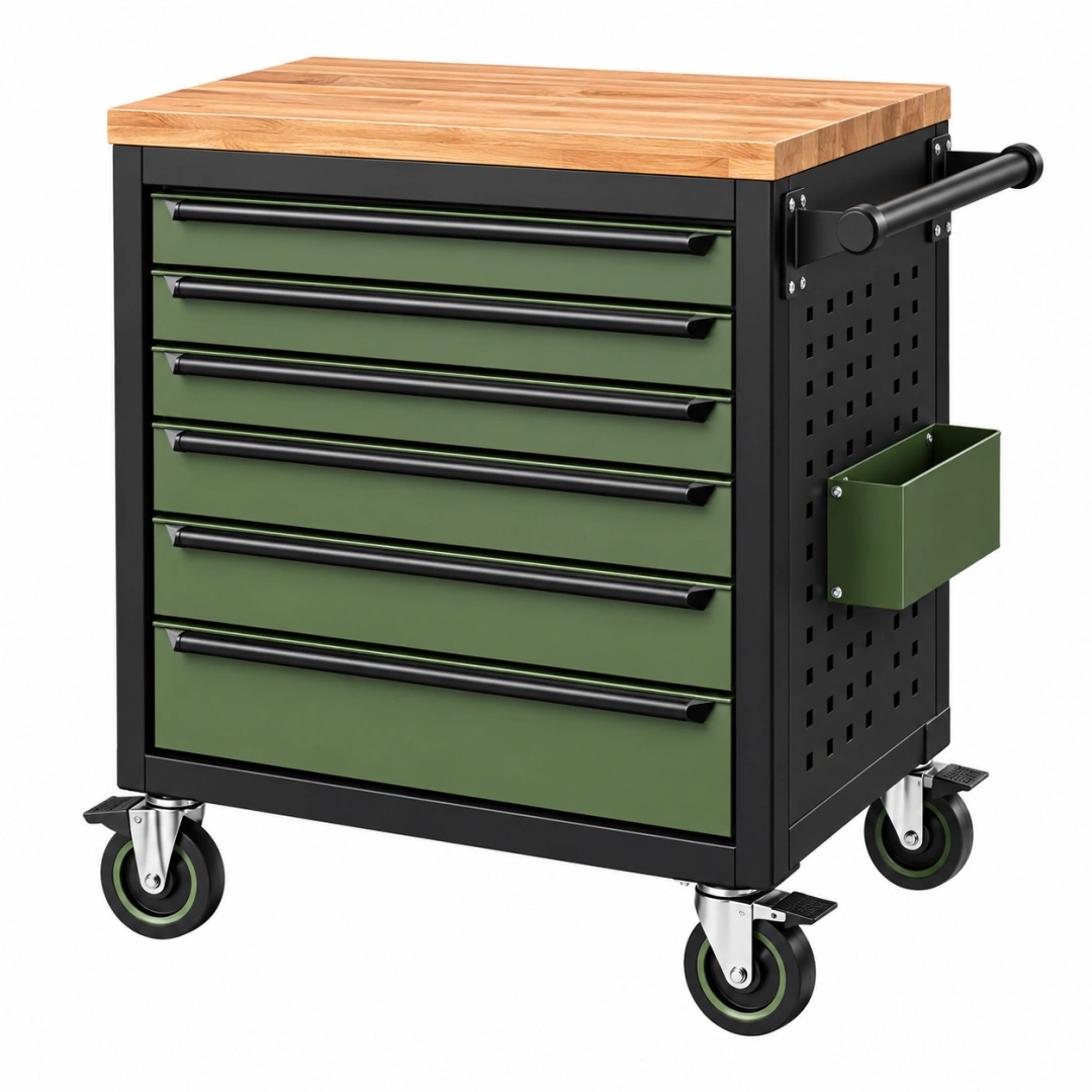 Carro de herramientas 77 x 46 x 95 cm de acero verde con encimera de madera y 7 cajones móvil
