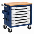 Carro de herramientas 77 x 46 x 97 cm de acero azul con encimera de madera - 7 cajones móvil para taller