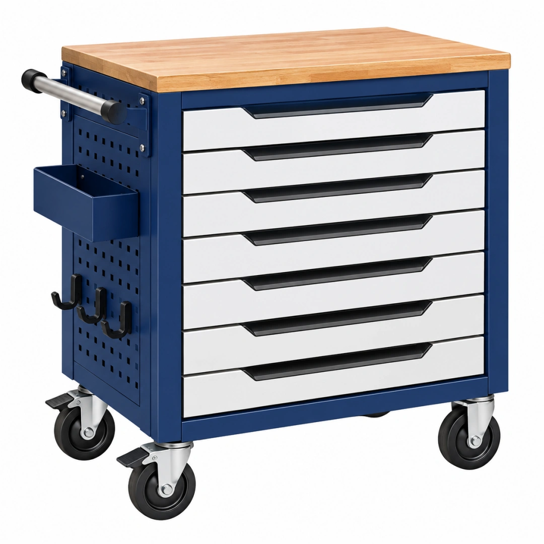 Carro de herramientas 77 x 46 x 97 cm de acero azul con encimera de madera - 7 cajones móvil para taller