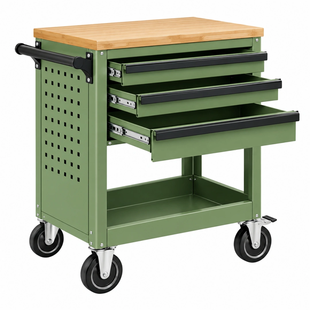 Carro de herramientas 85 x 46 x 95 cm de acero verde con encimera de bambú y 3 cajones