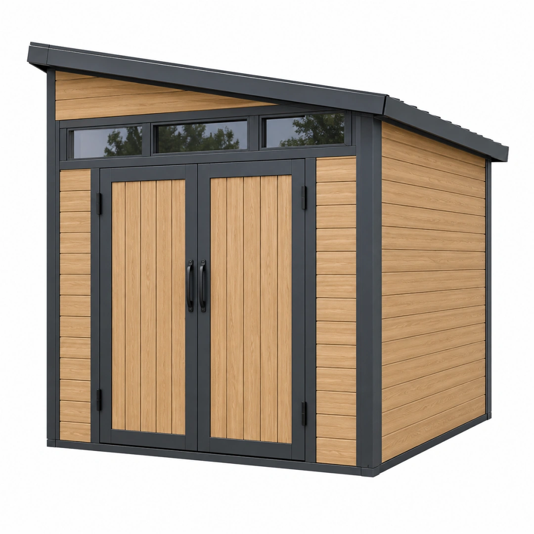 Caseta de jardín 200 x 120 x 180 cm efecto madera marrón con estructura metálica gris antracita y doble puerta
