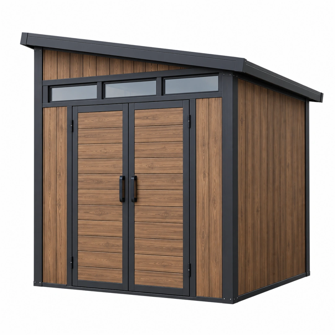 Caseta de jardín 200 x 150 x 200 cm con paneles efecto madera y estructura metálica negra