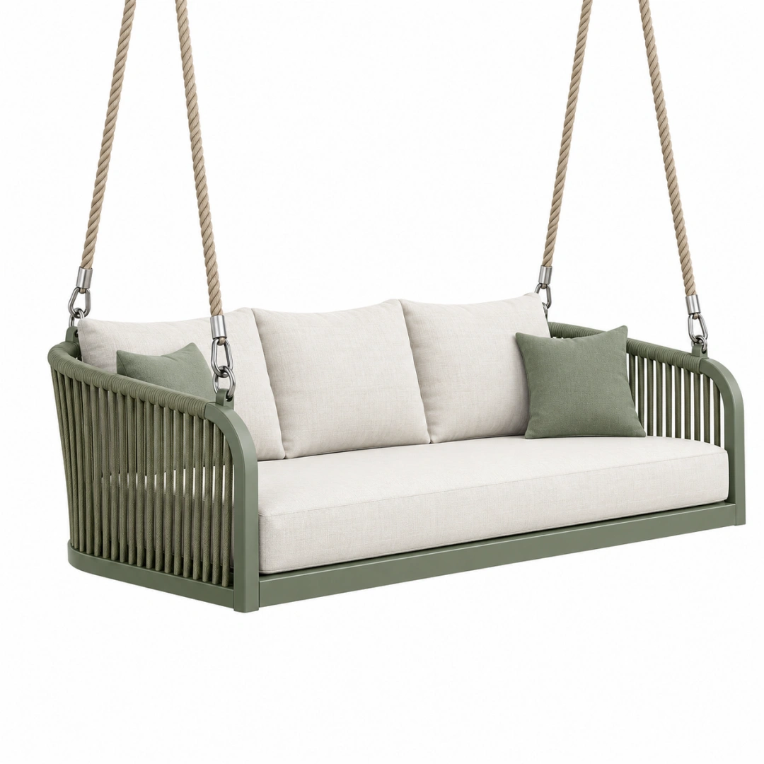 Sofá colgante 160 x 80 x 60 cm de metal y cuerda verde para exterior