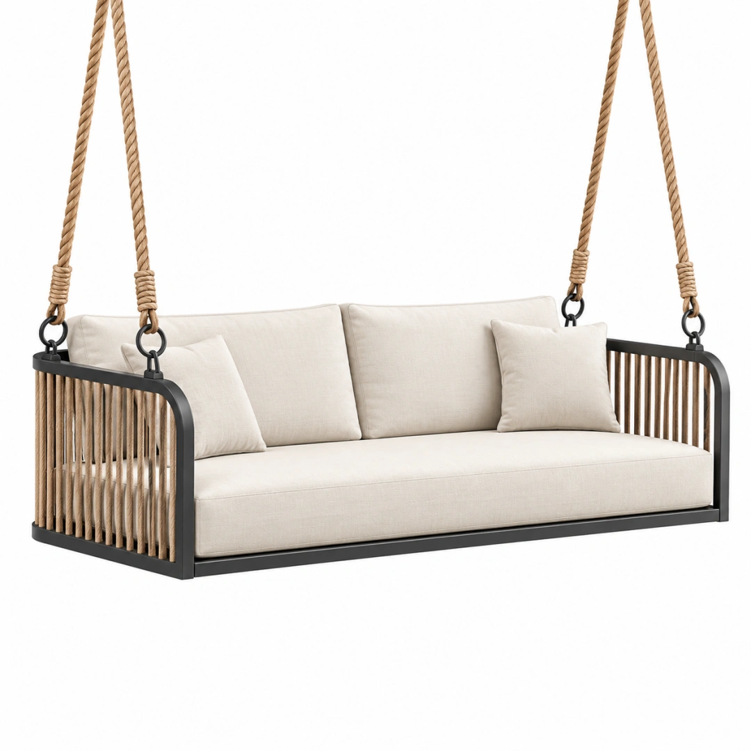 Sofá colgante 180 x 75 x 70 cm de metal y cuerda beige para exterior de estilo contemporáneo