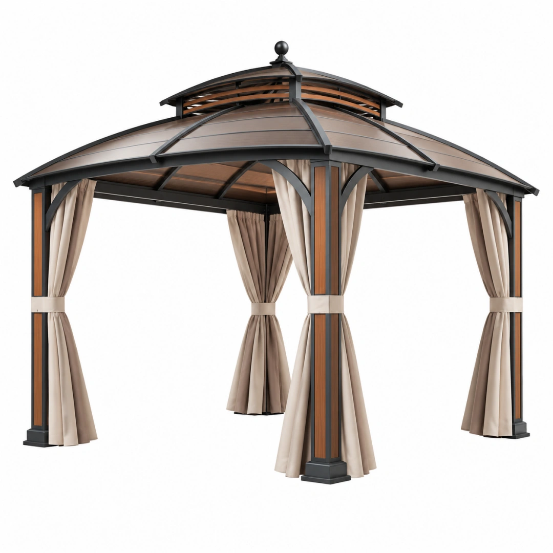 Pérgola de jardín 300 x 300 x 290 cm de metal negro y marrón con cortinas