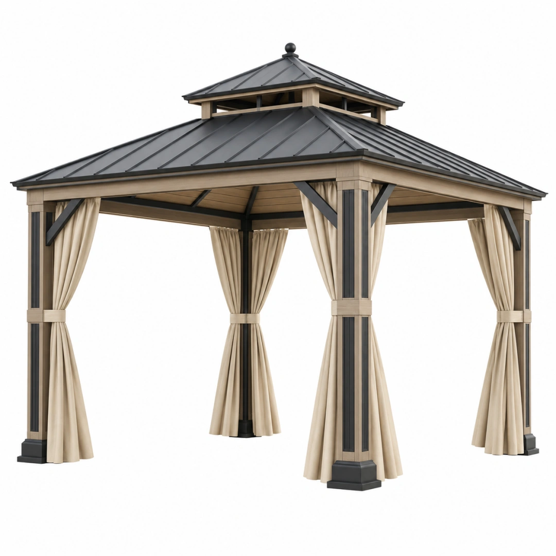 Cenador 300 x 300 x 300 cm de metal beige y negro para jardín con cortinas