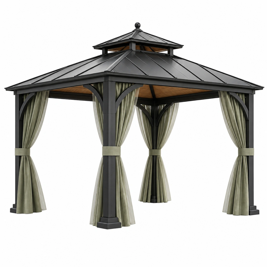 Cenador 300 x 300 x 300 cm de metal negro para exterior con cortinas estilo clásico