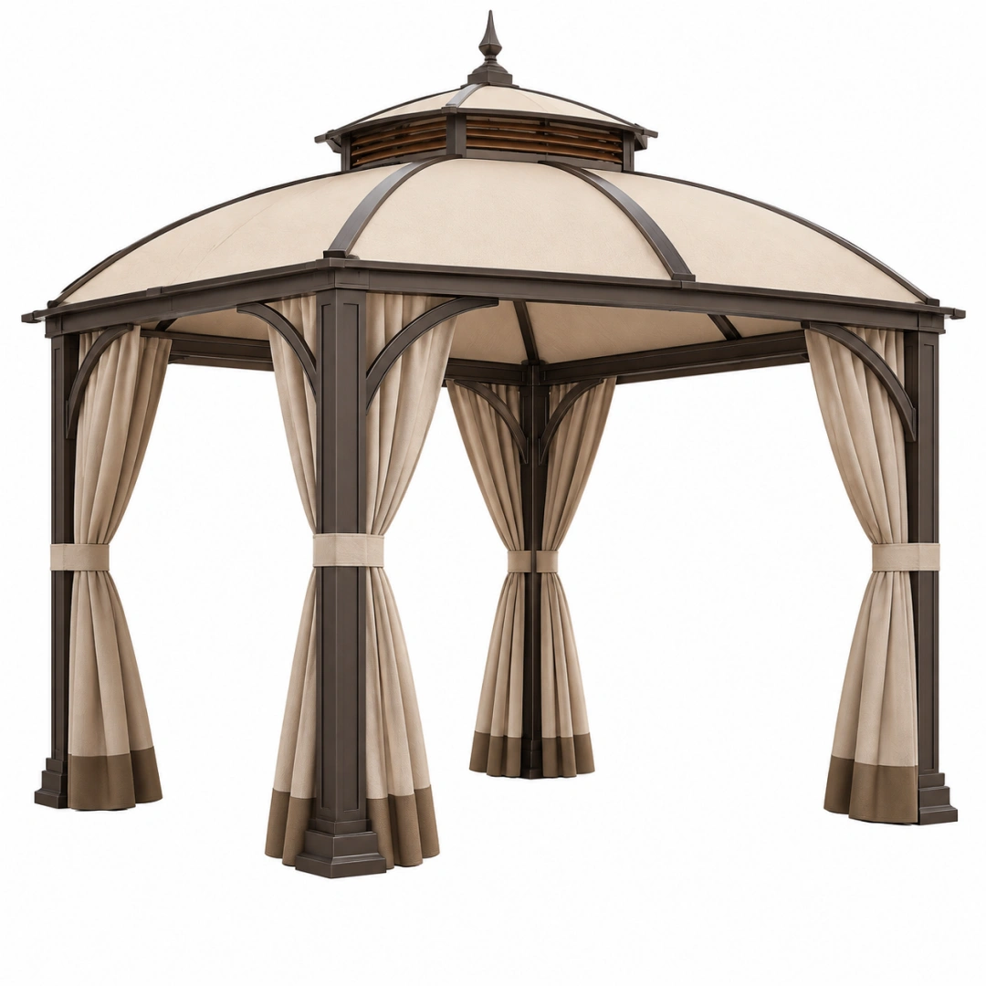 Cenador de jardín 300 x 300 x 300 cm de metal marrón y poliéster beige con cortinas