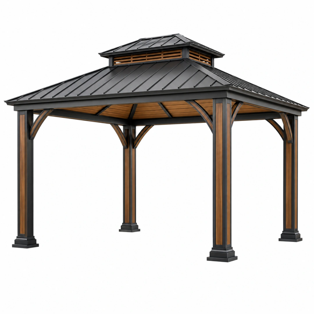 Cenador de jardín 300 x 300 x 290 cm de metal negro y marrón con cubierta ventilada