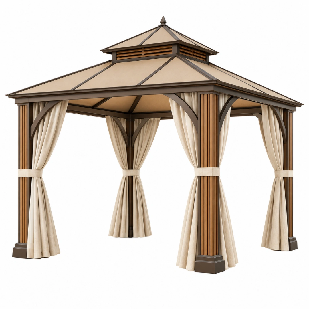 Cenador 300 x 300 x 300 cm con estructura metálica marrón y cortinas beige para exterior