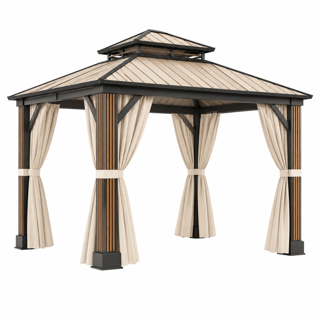 Pérgola 300 x 300 x 300 cm de metal negro y beige con cortinas para exterior estilo pabellón