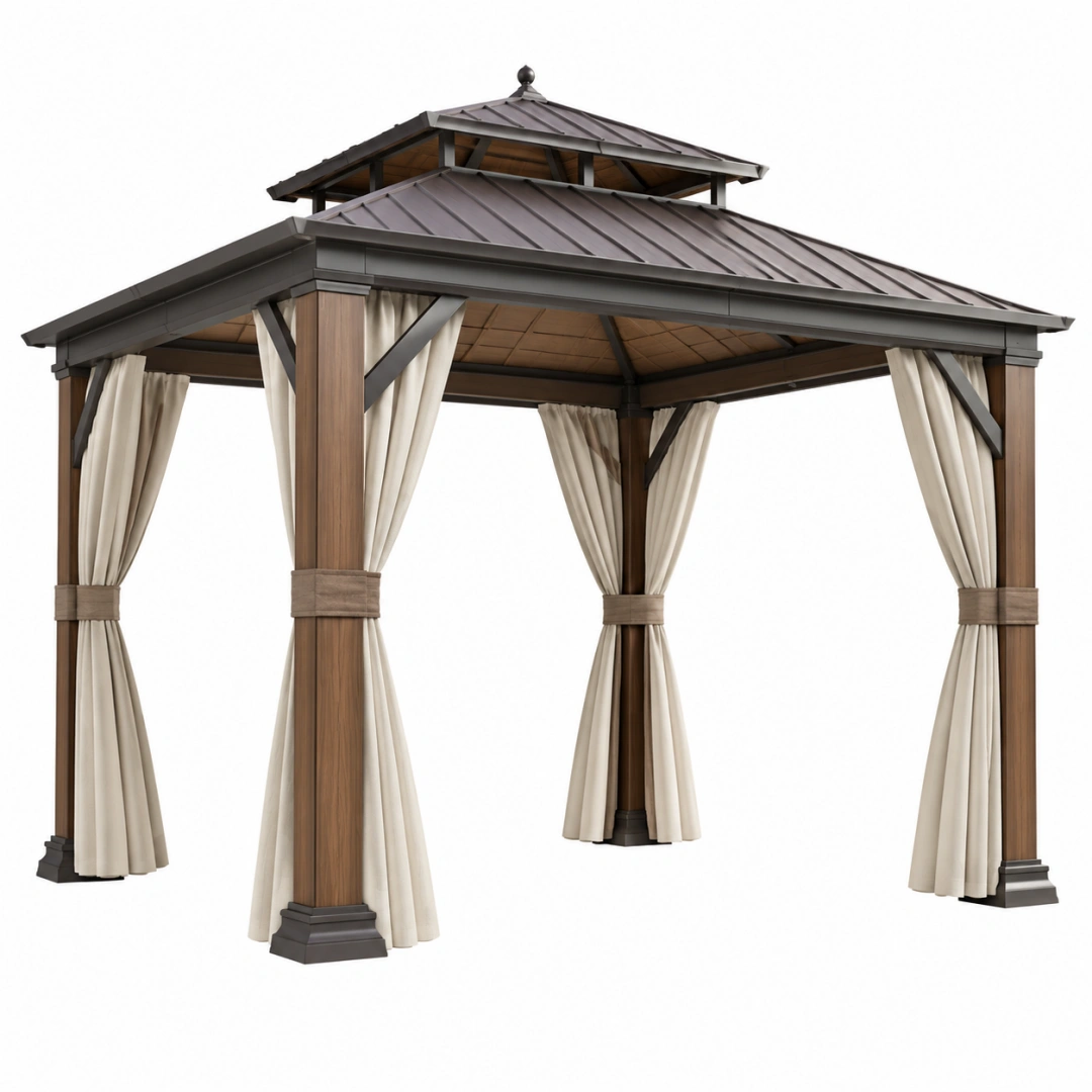 Cenador de jardín 300 x 300 x 300 cm de metal y acabado madera marrón con cortinas beige - estilo clásico para exterior