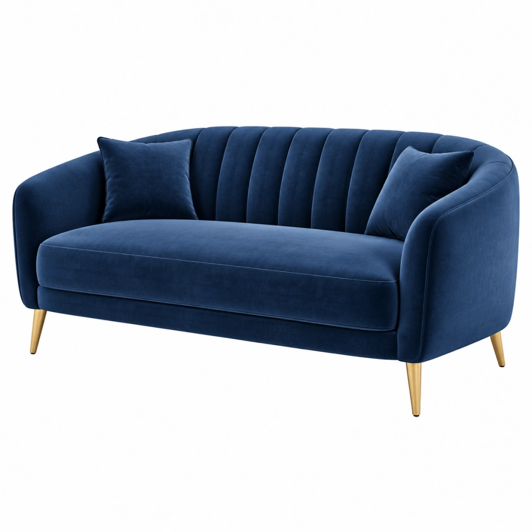 Sofá de 2 plazas 170 cm de terciopelo azul con patas metálicas doradas estilo glamuroso