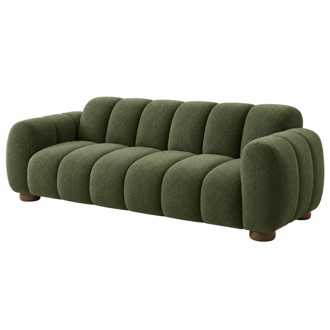 Sofá de 3 plazas 220 cm en tejido bouclé verde con patas de madera - estilo curvo