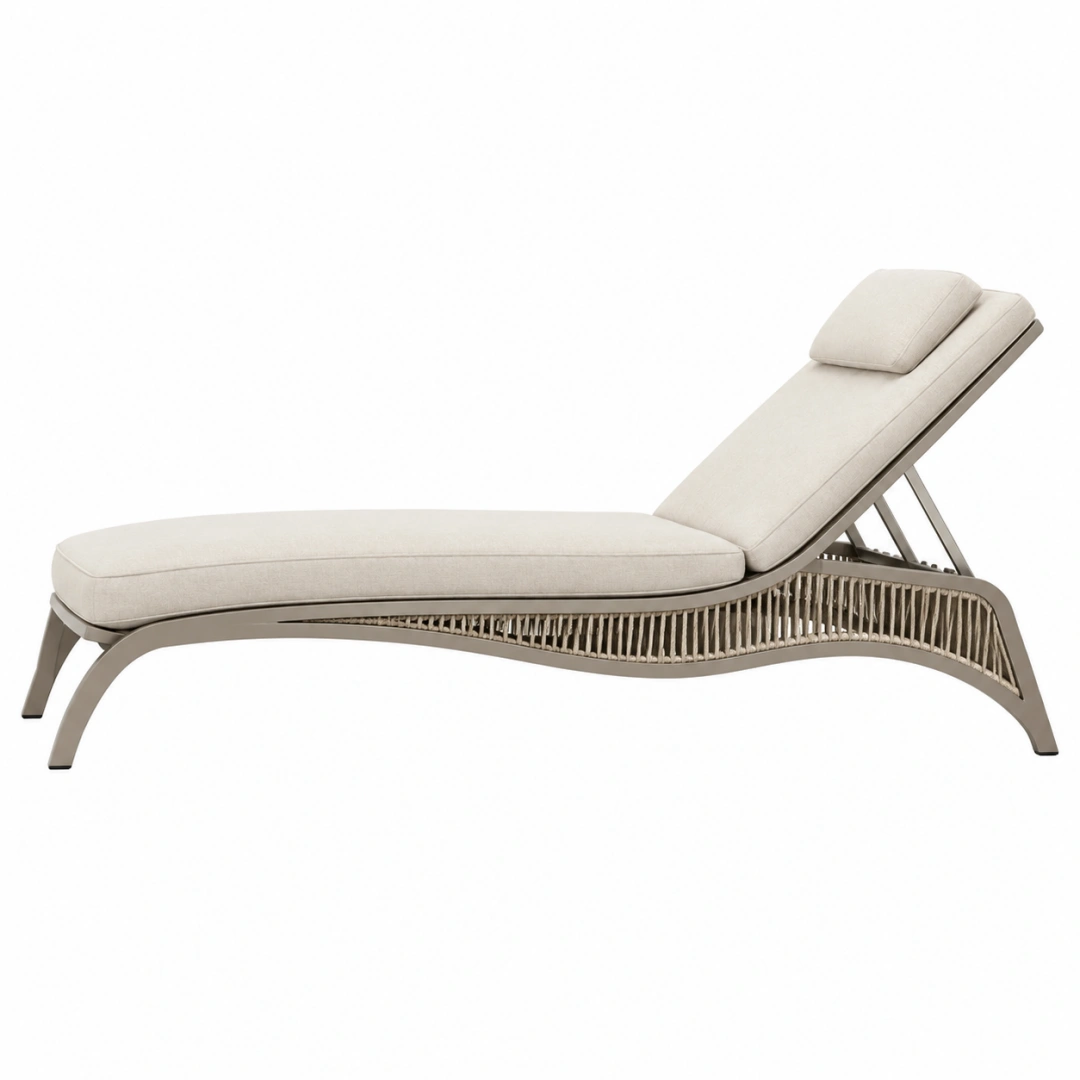Tumbona 200 x 70 x 85 cm de metal y cuerda beige para exterior con respaldo reclinable