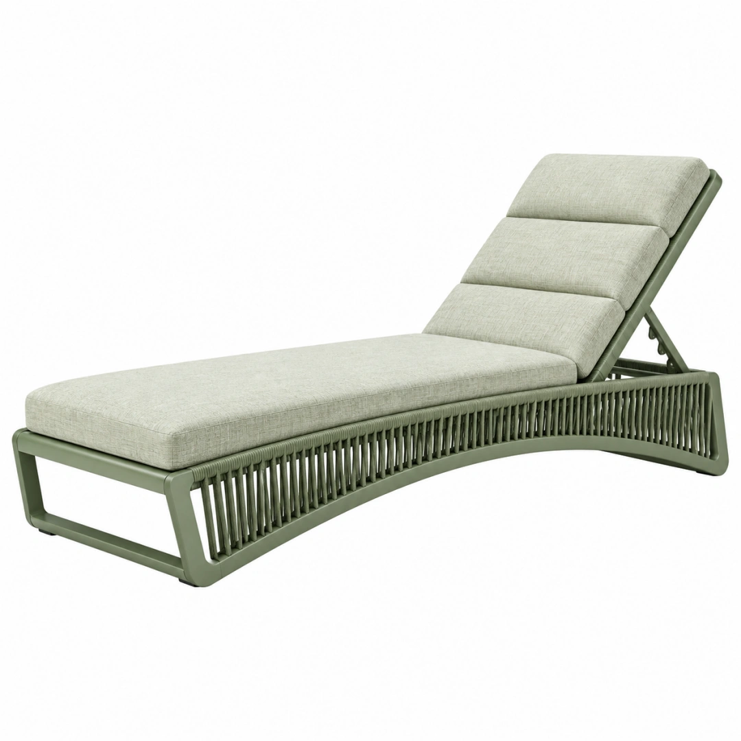 Tumbona de exterior 200 x 70 x 90 cm con estructura de metal verde y cuerda trenzada reclinable